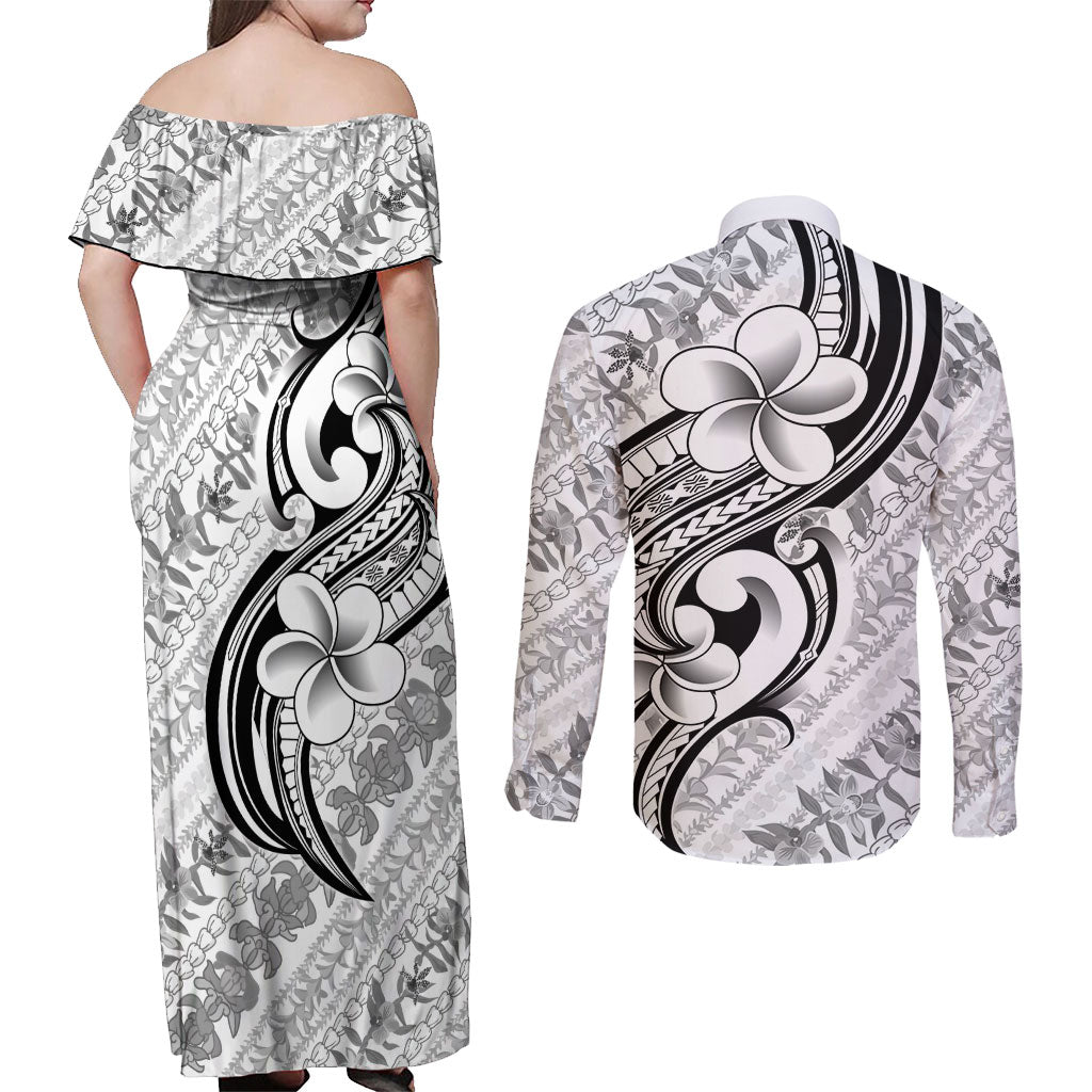 Hawaii Plumeria Lokelani Pikake Lei Couples Matching Off Shoulder Maxi Dress and Long Sleeve Button Shirt Ele'ele Polynesian Tattoo