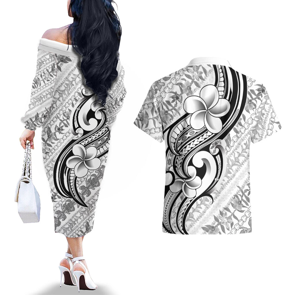 Hawaii Plumeria Lokelani Pikake Lei Couples Matching Off The Shoulder Long Sleeve Dress and Hawaiian Shirt Ele'ele Polynesian Tattoo LT9 - Polynesian Pride