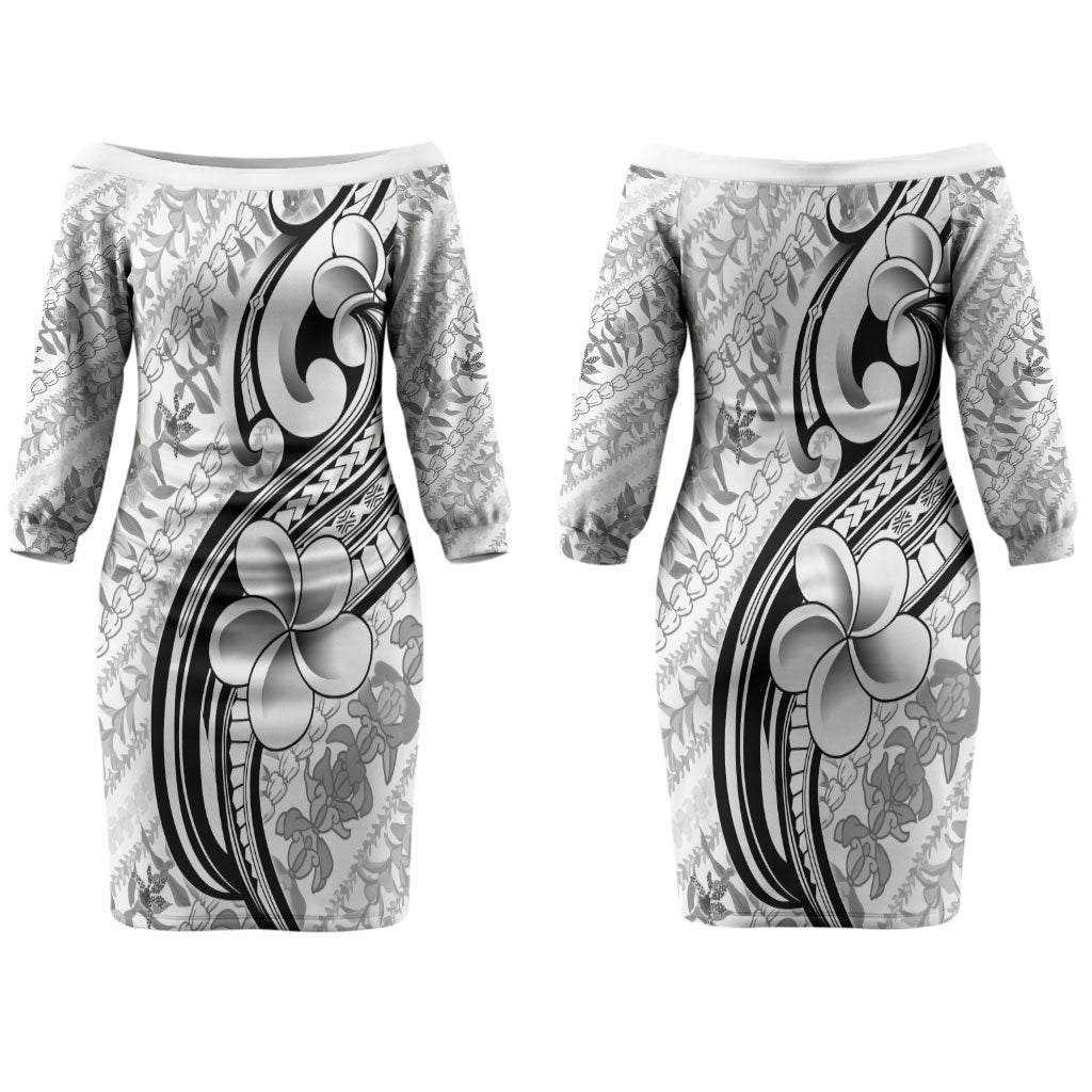 Hawaii Plumeria Lokelani Pikake Lei Couples Matching Off The Shoulder Long Sleeve Dress and Long Sleeve Button Shirt Ele'ele Polynesian Tattoo LT9 - Polynesian Pride