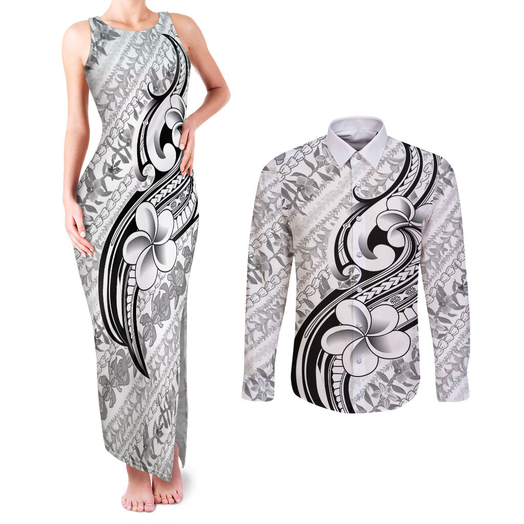 Hawaii Plumeria Lokelani Pikake Lei Couples Matching Tank Maxi Dress and Long Sleeve Button Shirt Ele'ele Polynesian Tattoo