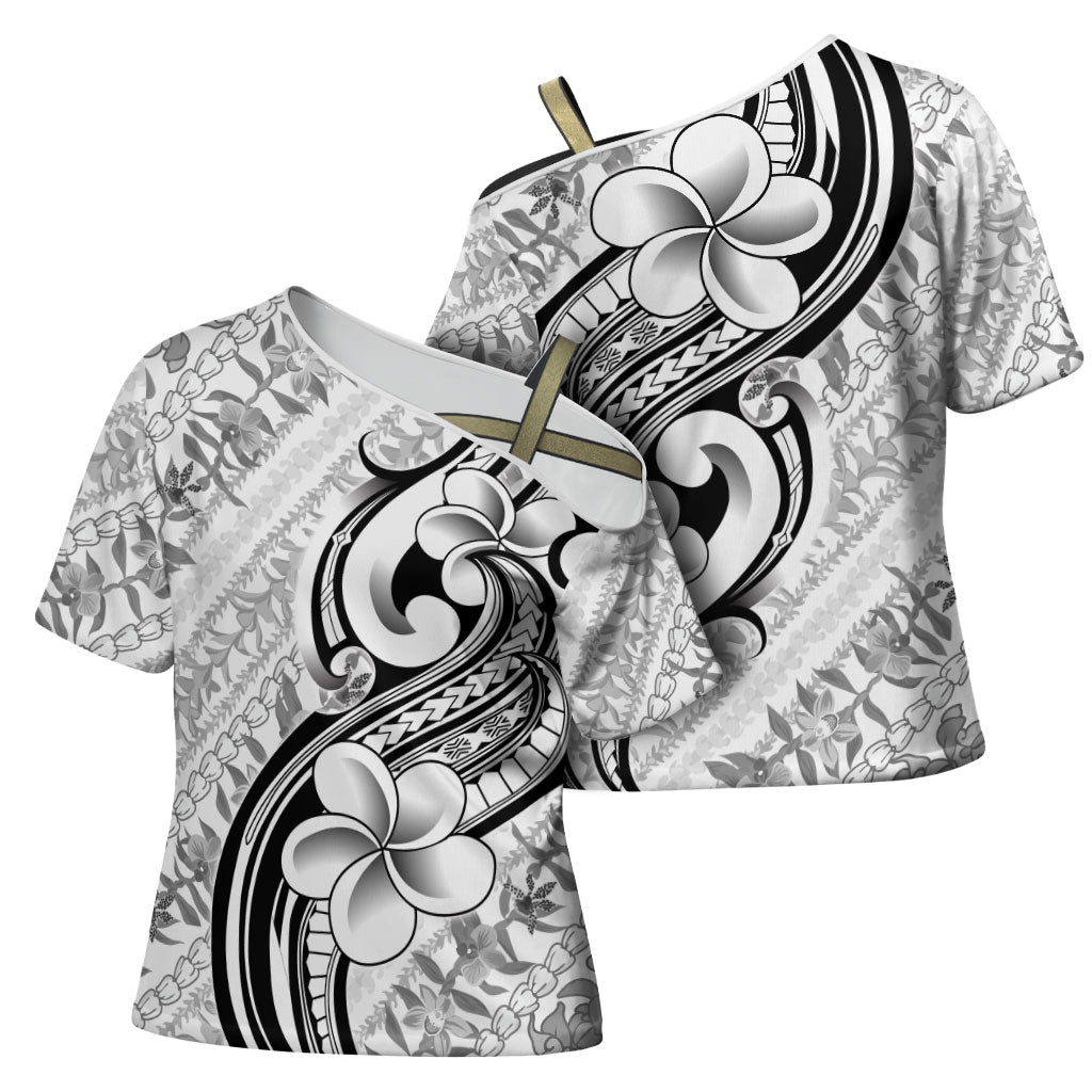 Hawaii Plumeria Lokelani Pikake Lei Cross Shoulder Shirt Ele'ele Polynesian Tattoo