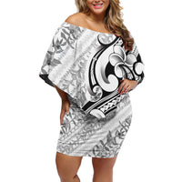 Hawaii Plumeria Lokelani Pikake Lei Family Matching Off Shoulder Short Dress and Hawaiian Shirt Ele'ele Polynesian Tattoo LT9 Mom's Dress Black - Polynesian Pride