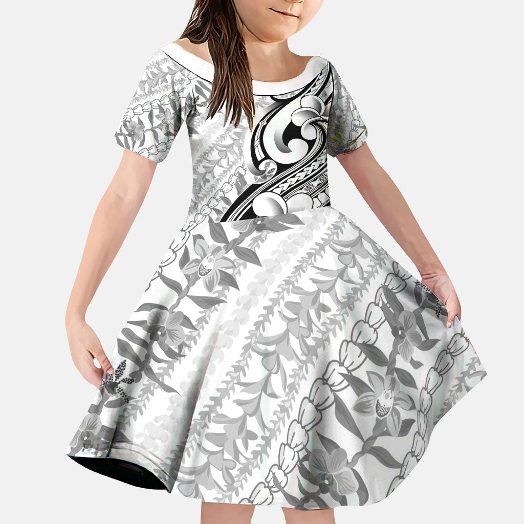 Hawaii Plumeria Lokelani Pikake Lei Family Matching Short Sleeve Bodycon Dress and Hawaiian Shirt Ele'ele Polynesian Tattoo LT9 Daughter's Dress Black - Polynesian Pride