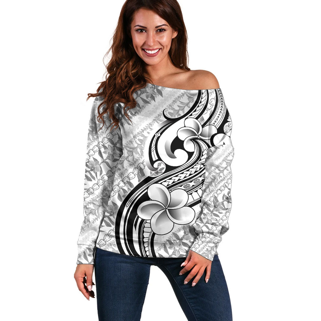 Hawaii Plumeria Lokelani Pikake Lei Off Shoulder Sweater Ele'ele Polynesian Tattoo