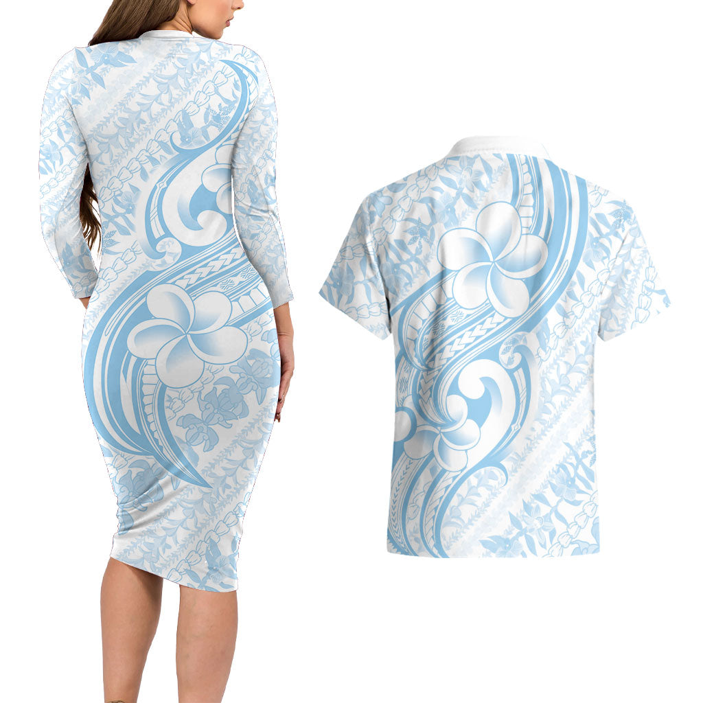 Hawaii Plumeria Lokelani Pikake Lei Couples Matching Long Sleeve Bodycon Dress and Hawaiian Shirt Uliuli Polynesian Tattoo LT9 - Polynesian Pride