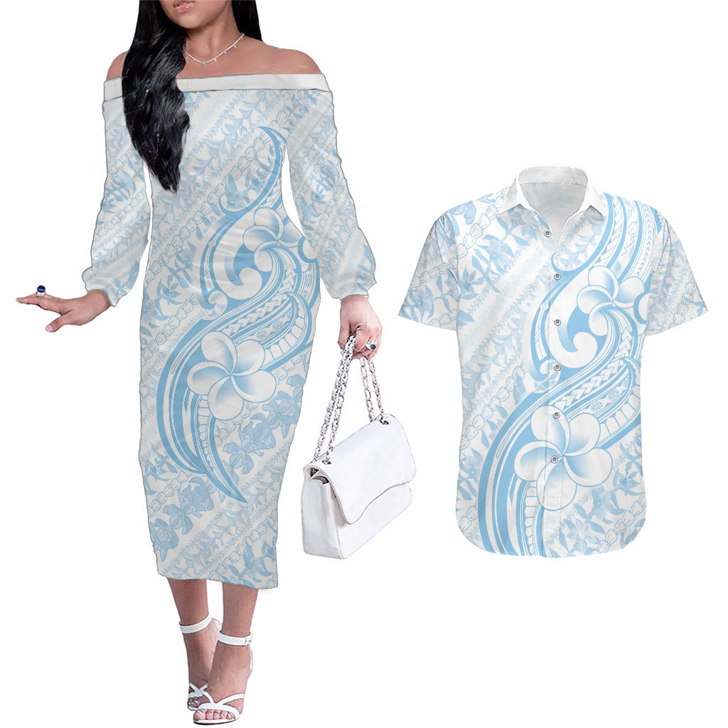 Hawaii Plumeria Lokelani Pikake Lei Couples Matching Off The Shoulder Long Sleeve Dress and Hawaiian Shirt Uliuli Polynesian Tattoo