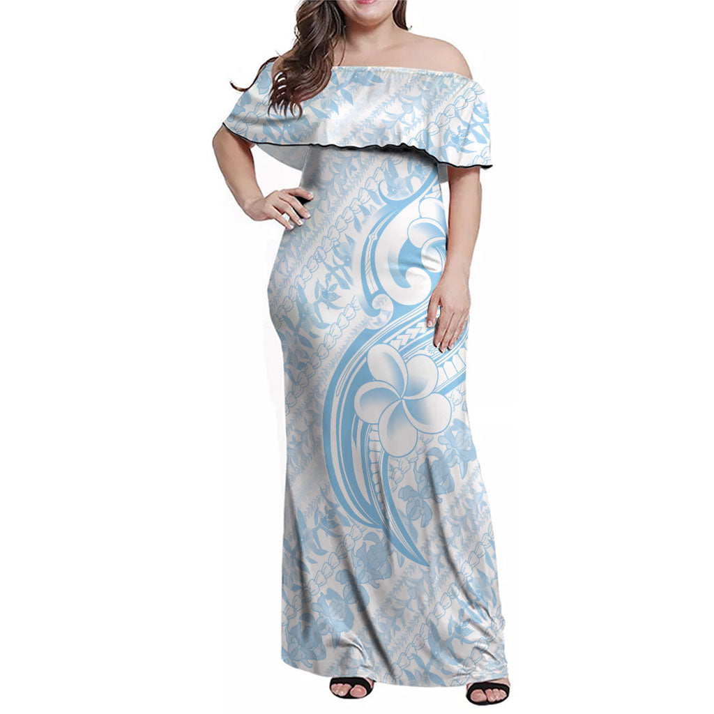 Hawaii Plumeria Lokelani Pikake Lei Family Matching Off Shoulder Maxi Dress and Hawaiian Shirt Uliuli Polynesian Tattoo LT9 Mom's Dress Blue - Polynesian Pride