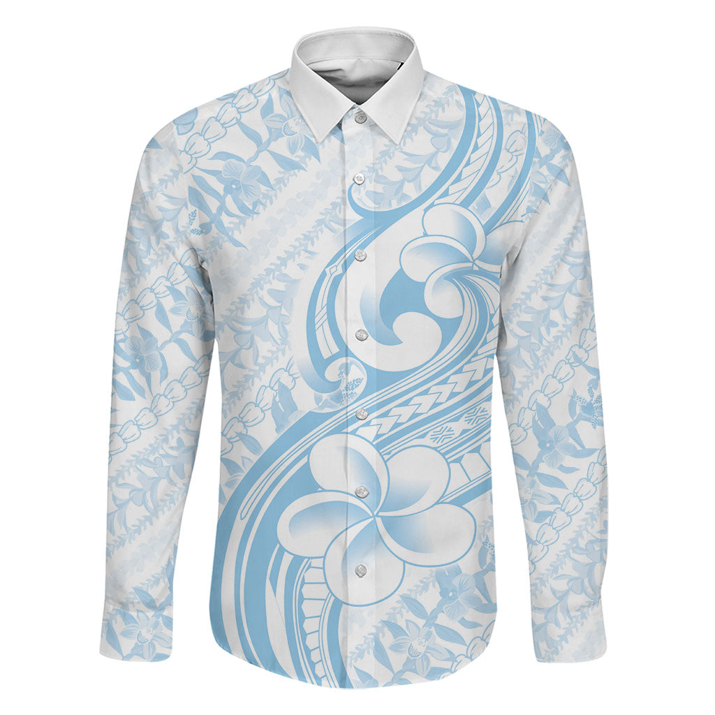 Hawaii Plumeria Lokelani Pikake Lei Family Matching Puletasi and Hawaiian Shirt Uliuli Polynesian Tattoo LT9 Dad's Shirt - Long Sleeve Blue - Polynesian Pride