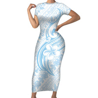 Hawaii Plumeria Lokelani Pikake Lei Family Matching Short Sleeve Bodycon Dress and Hawaiian Shirt Uliuli Polynesian Tattoo LT9 Mom's Dress Blue - Polynesian Pride
