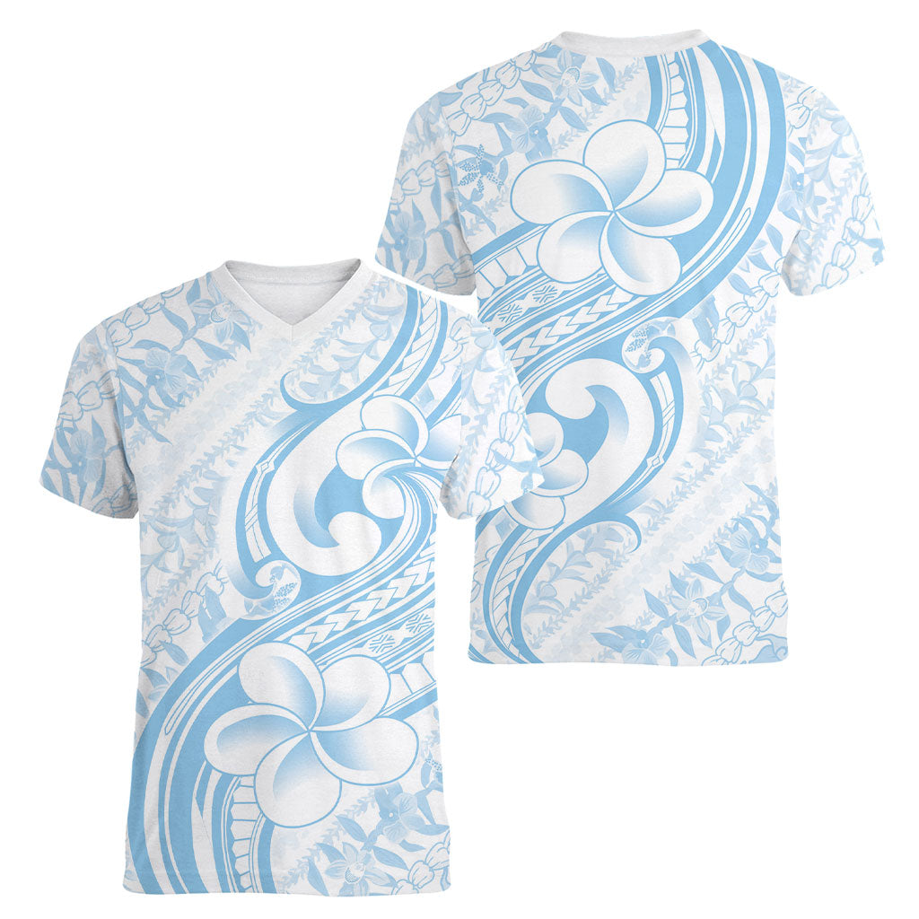 Hawaii Plumeria Lokelani Pikake Lei Women V-Neck T-Shirt Uliuli Polynesian Tattoo
