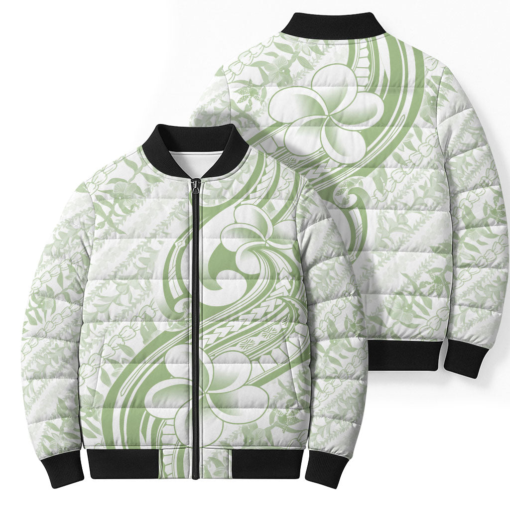 Hawaii Plumeria Lokelani Pikake Lei Bomber Puffer Jacket Oma'oma'o Polynesian Tattoo