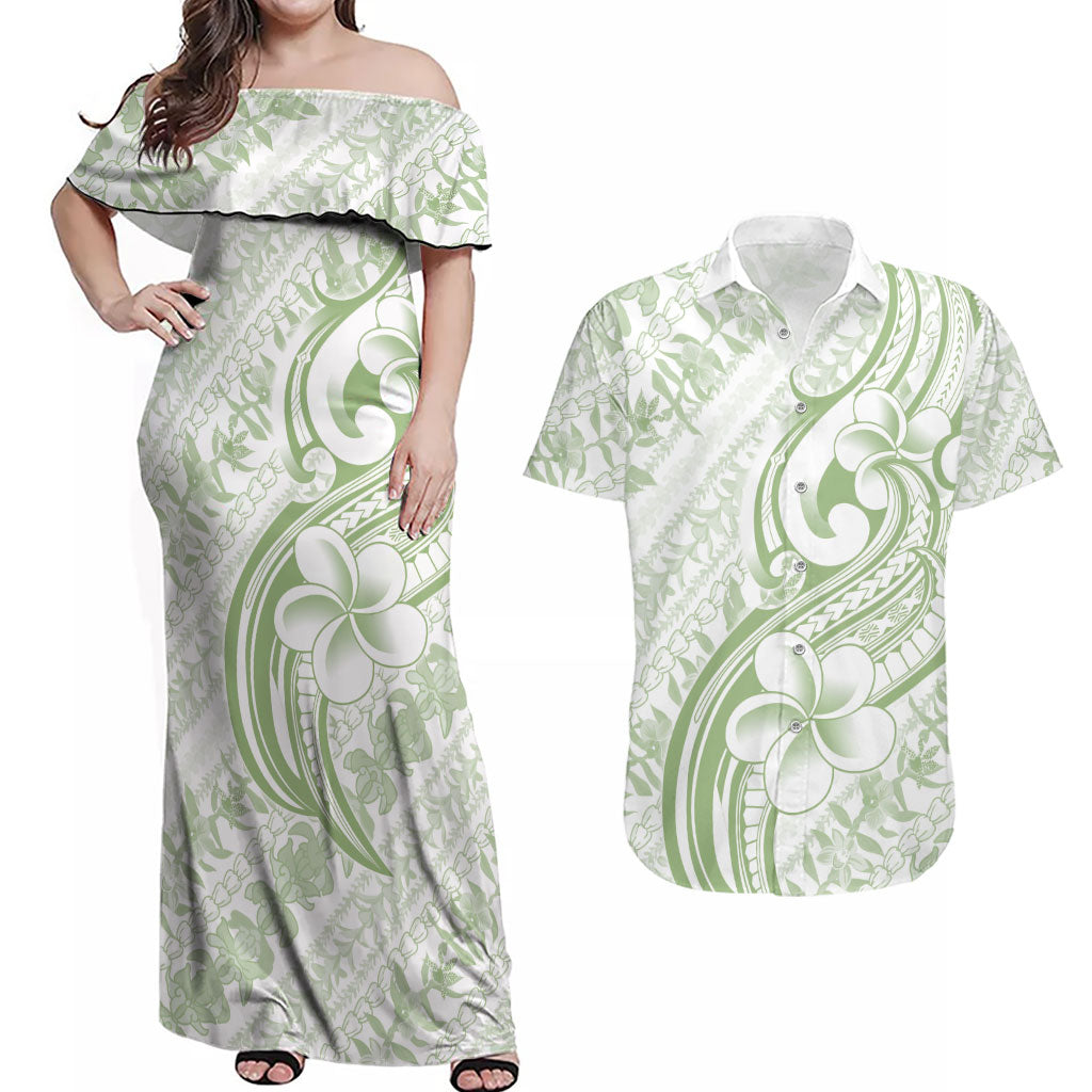 Hawaii Plumeria Lokelani Pikake Lei Couples Matching Off Shoulder Maxi Dress and Hawaiian Shirt Oma'oma'o Polynesian Tattoo