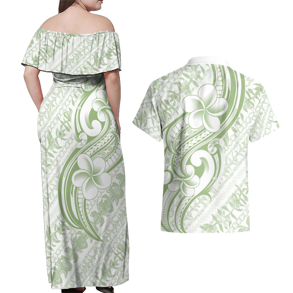 Hawaii Plumeria Lokelani Pikake Lei Couples Matching Off Shoulder Maxi Dress and Hawaiian Shirt Oma'oma'o Polynesian Tattoo LT9 - Polynesian Pride