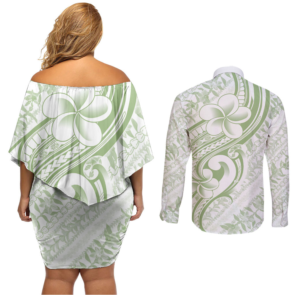 Hawaii Plumeria Lokelani Pikake Lei Couples Matching Off Shoulder Short Dress and Long Sleeve Button Shirt Oma'oma'o Polynesian Tattoo LT9 - Polynesian Pride