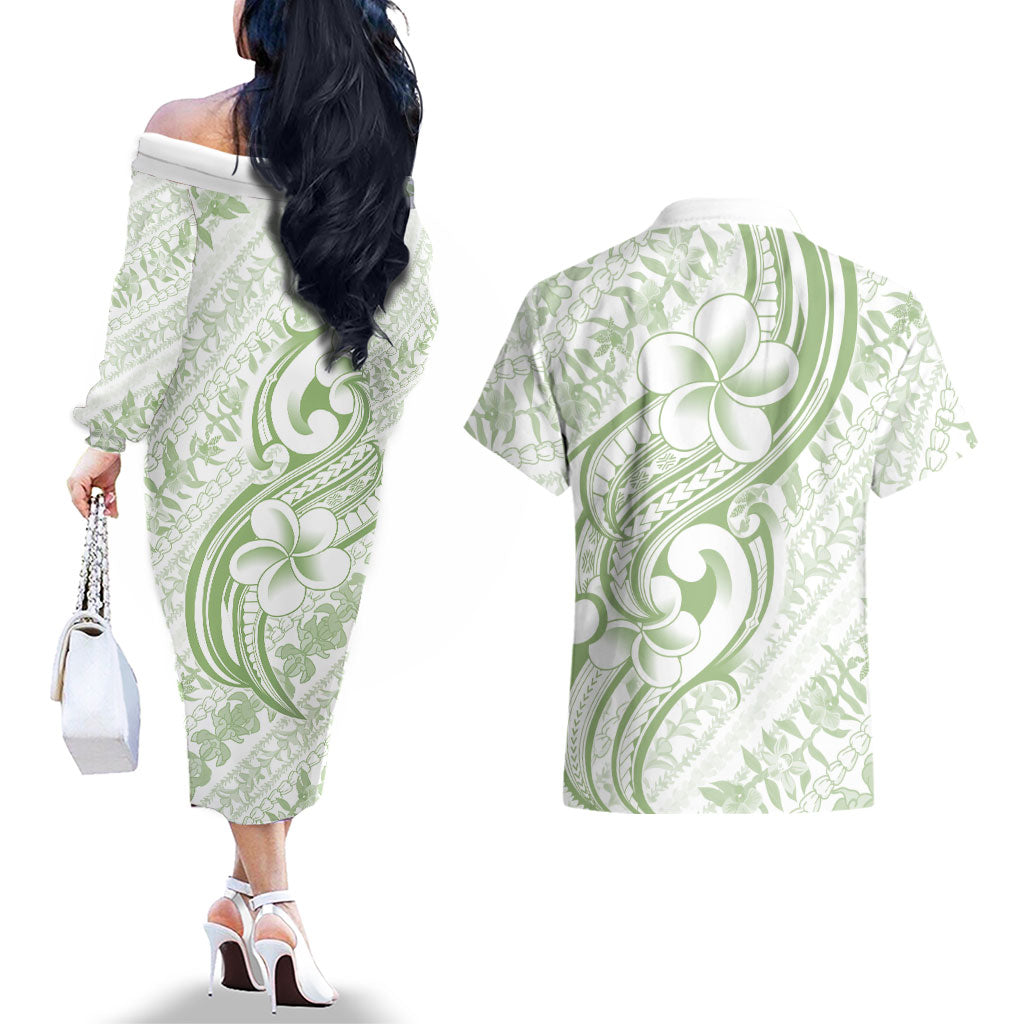 Hawaii Plumeria Lokelani Pikake Lei Couples Matching Off The Shoulder Long Sleeve Dress and Hawaiian Shirt Oma'oma'o Polynesian Tattoo LT9 - Polynesian Pride