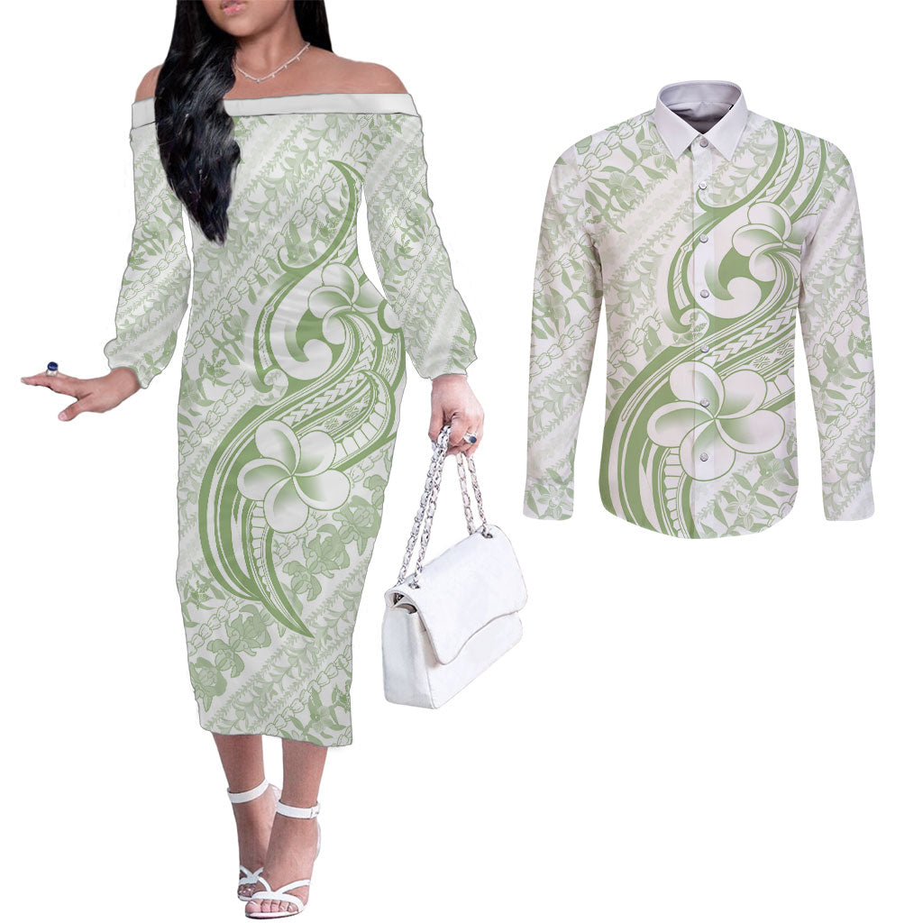 Hawaii Plumeria Lokelani Pikake Lei Couples Matching Off The Shoulder Long Sleeve Dress and Long Sleeve Button Shirt Oma'oma'o Polynesian Tattoo
