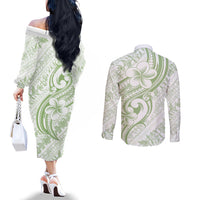 Hawaii Plumeria Lokelani Pikake Lei Couples Matching Off The Shoulder Long Sleeve Dress and Long Sleeve Button Shirt Oma'oma'o Polynesian Tattoo LT9 - Polynesian Pride