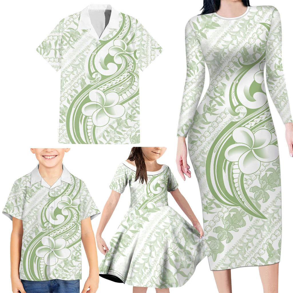 Hawaii Plumeria Lokelani Pikake Lei Family Matching Long Sleeve Bodycon Dress and Hawaiian Shirt Oma'oma'o Polynesian Tattoo LT9 - Polynesian Pride