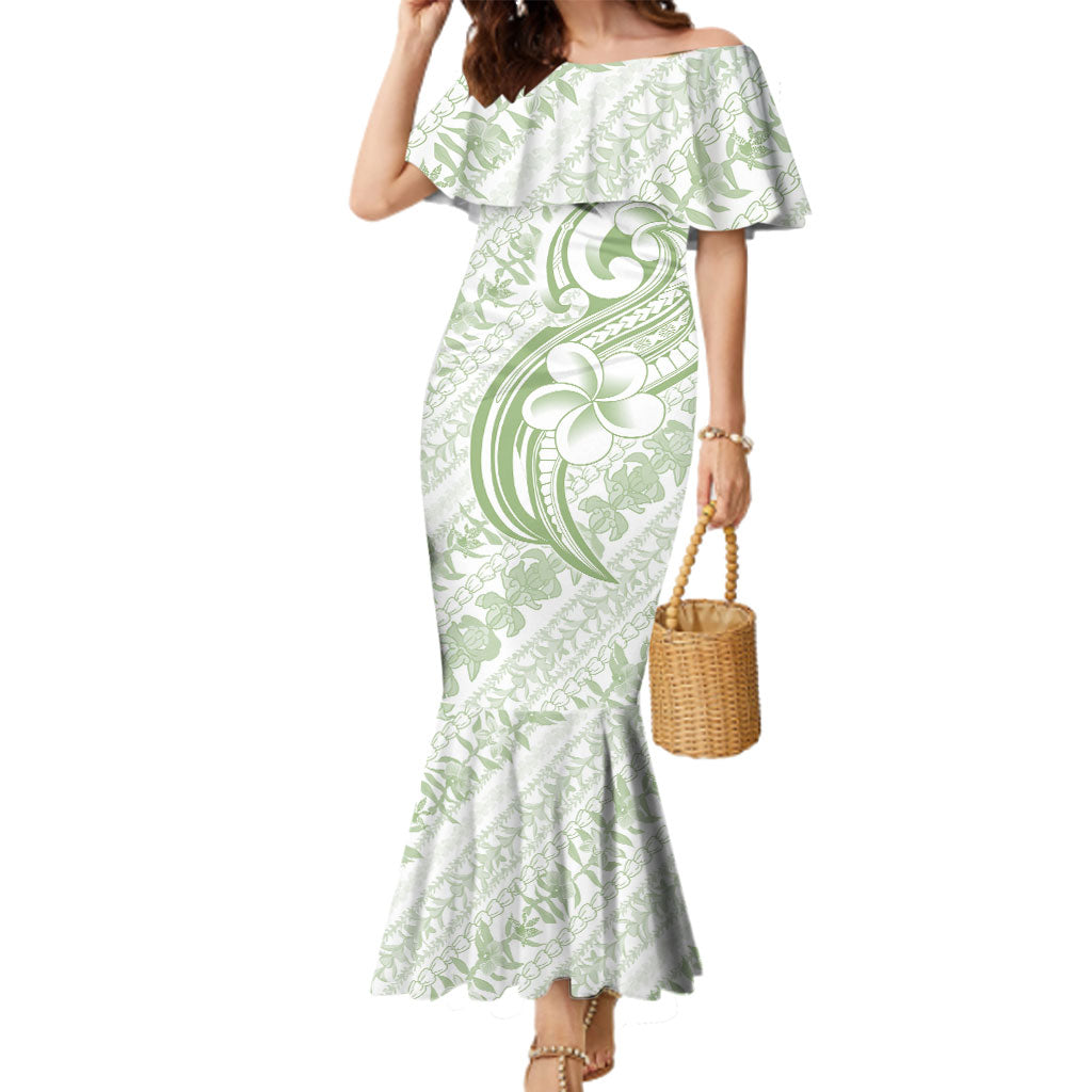 Hawaii Plumeria Lokelani Pikake Lei Family Matching Mermaid Dress and Hawaiian Shirt Oma'oma'o Polynesian Tattoo LT9 Mom's Dress Green - Polynesian Pride