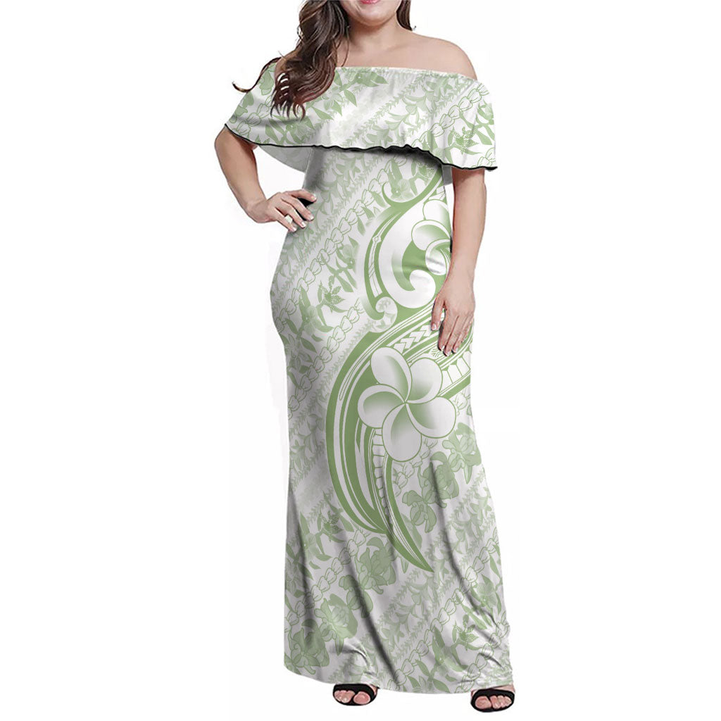 Hawaii Plumeria Lokelani Pikake Lei Family Matching Off Shoulder Maxi Dress and Hawaiian Shirt Oma'oma'o Polynesian Tattoo LT9 Mom's Dress Green - Polynesian Pride