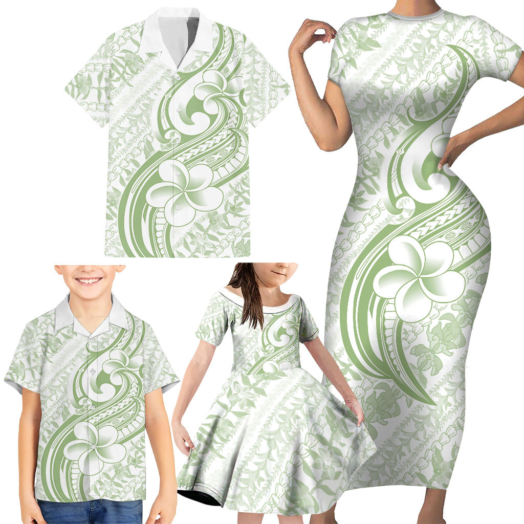 Hawaii Plumeria Lokelani Pikake Lei Family Matching Short Sleeve Bodycon Dress and Hawaiian Shirt Oma'oma'o Polynesian Tattoo