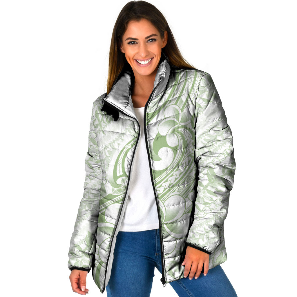 Hawaii Plumeria Lokelani Pikake Lei Padded Jacket Oma'oma'o Polynesian Tattoo LT9 Women Green - Polynesian Pride