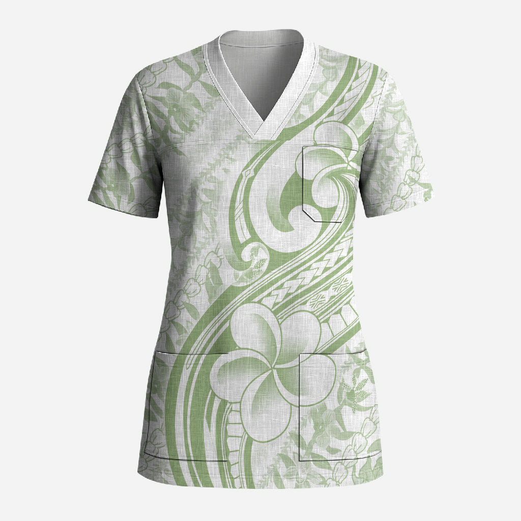Hawaii Plumeria Lokelani Pikake Lei Scrub Top Oma'oma'o Polynesian Tattoo