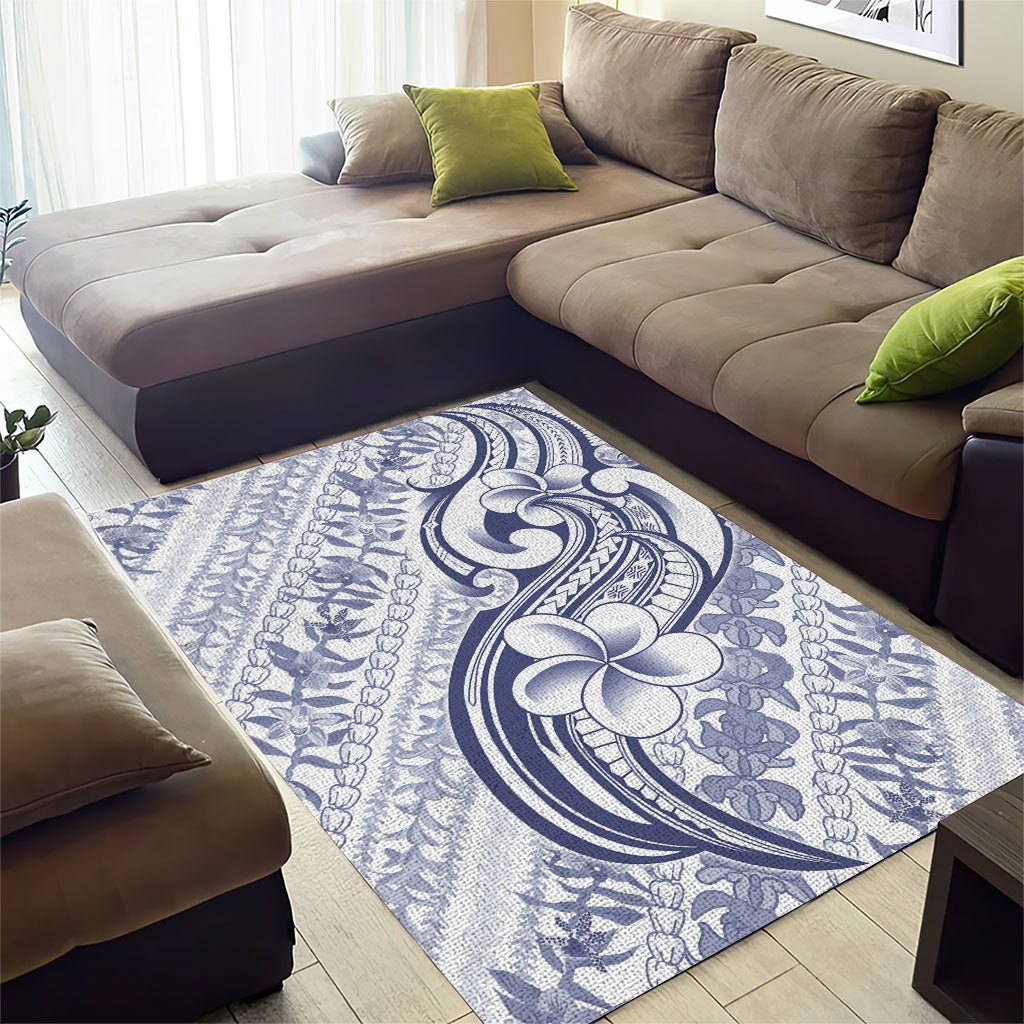 Hawaii Plumeria Lokelani Pikake Lei Area Rug Navy Blue Polynesian Tattoo