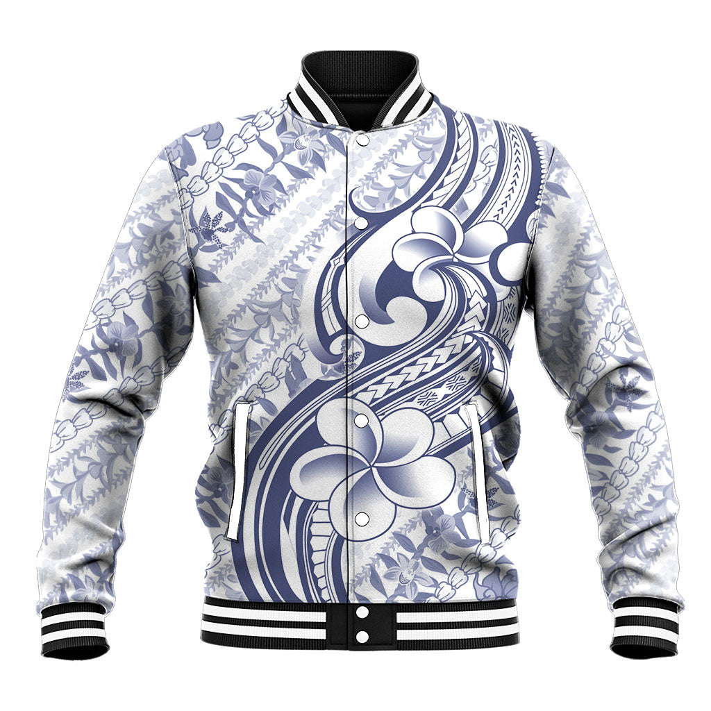 Hawaii Plumeria Lokelani Pikake Lei Baseball Jacket Navy Blue Polynesian Tattoo