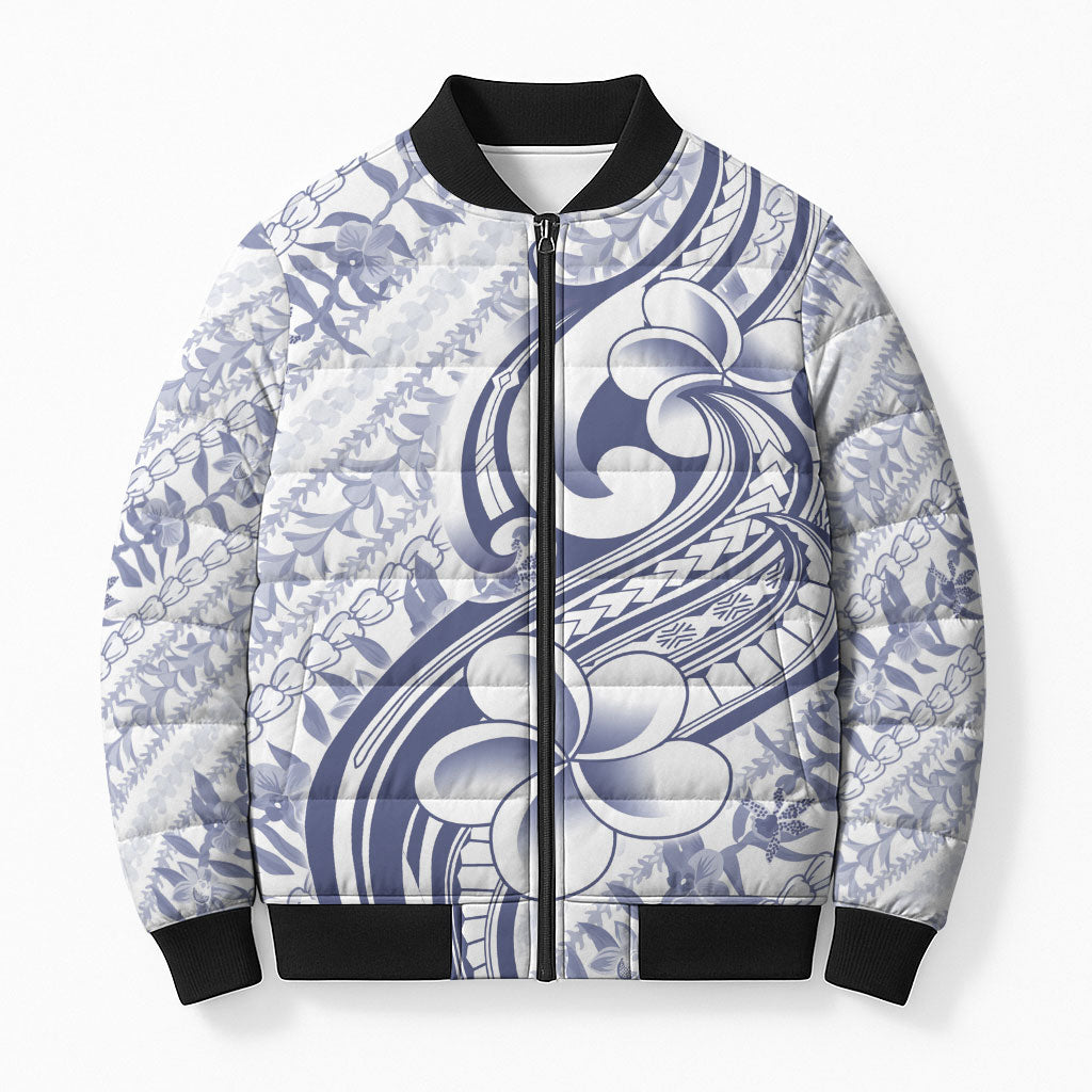 Hawaii Plumeria Lokelani Pikake Lei Bomber Puffer Jacket Navy Blue Polynesian Tattoo
