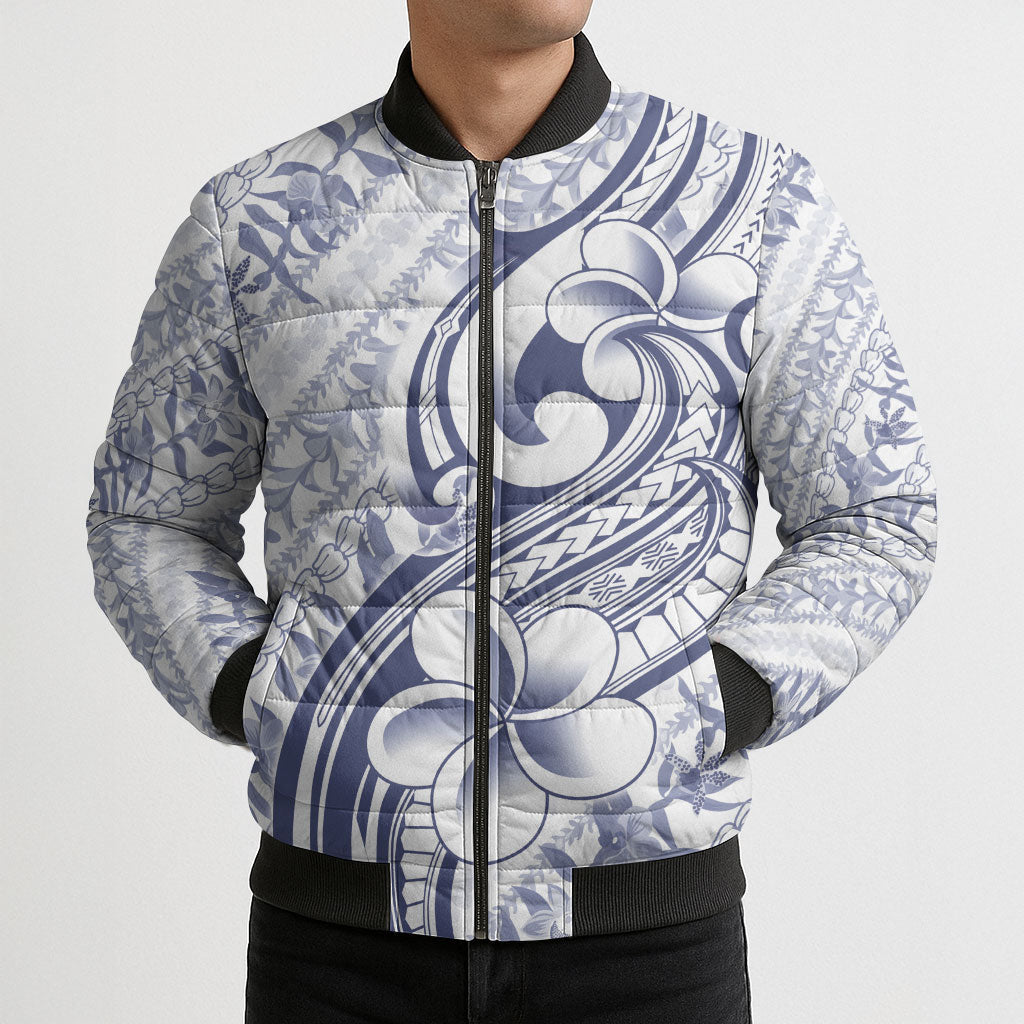 Hawaii Plumeria Lokelani Pikake Lei Bomber Puffer Jacket Navy Blue Polynesian Tattoo
