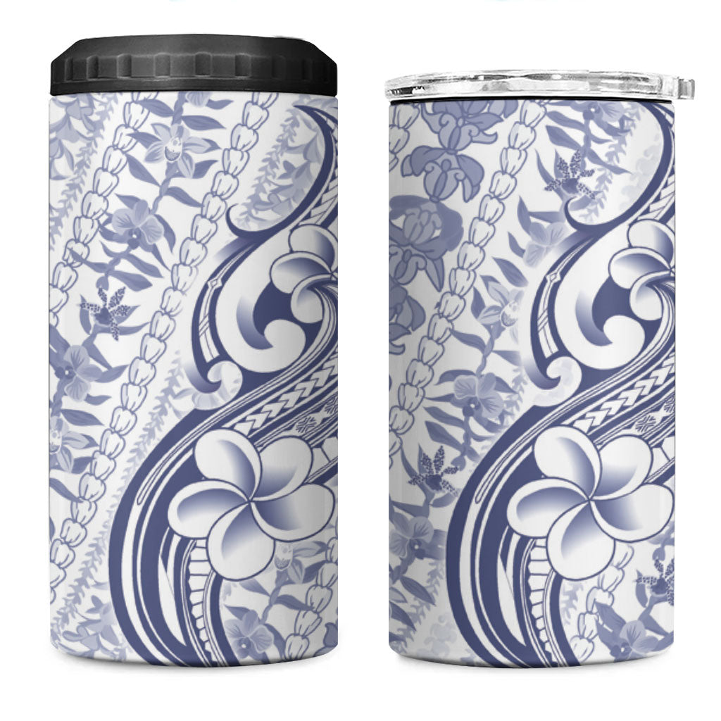 Hawaii Plumeria Lokelani Pikake Lei 4 in 1 Can Cooler Tumbler Navy Blue Polynesian Tattoo