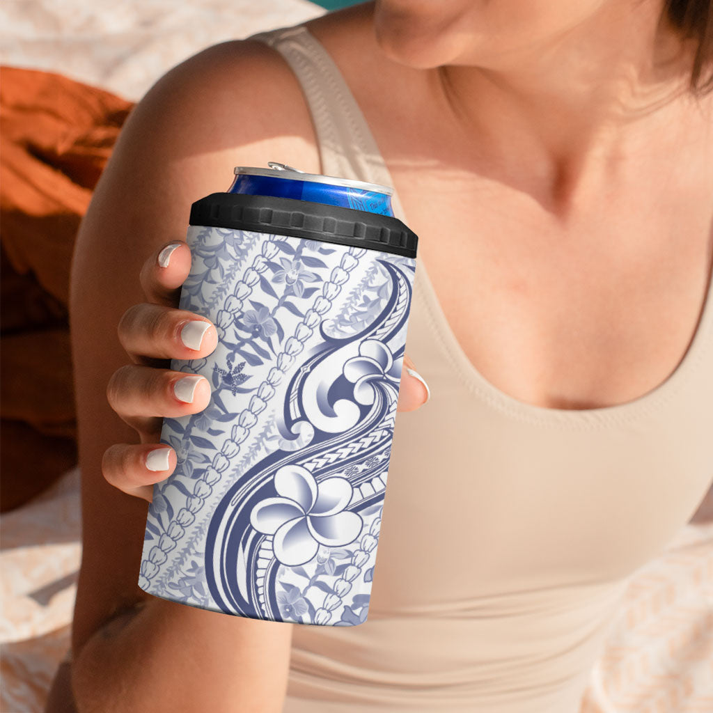 Hawaii Plumeria Lokelani Pikake Lei 4 in 1 Can Cooler Tumbler Navy Blue Polynesian Tattoo