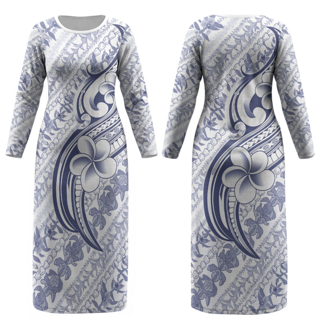 Hawaii Plumeria Lokelani Pikake Lei Couples Matching Long Sleeve Bodycon Dress and Hawaiian Shirt Navy Blue Polynesian Tattoo LT9 - Polynesian Pride