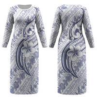 Hawaii Plumeria Lokelani Pikake Lei Couples Matching Long Sleeve Bodycon Dress and Hawaiian Shirt Navy Blue Polynesian Tattoo LT9 - Polynesian Pride