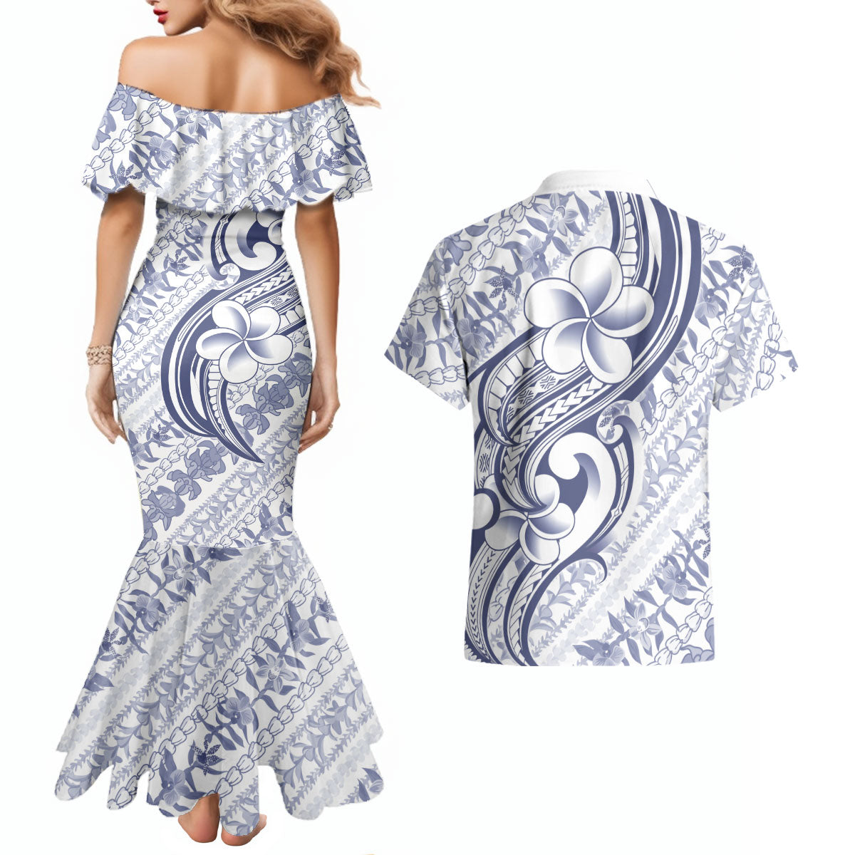 Hawaii Plumeria Lokelani Pikake Lei Couples Matching Mermaid Dress and Hawaiian Shirt Navy Blue Polynesian Tattoo LT9 - Polynesian Pride