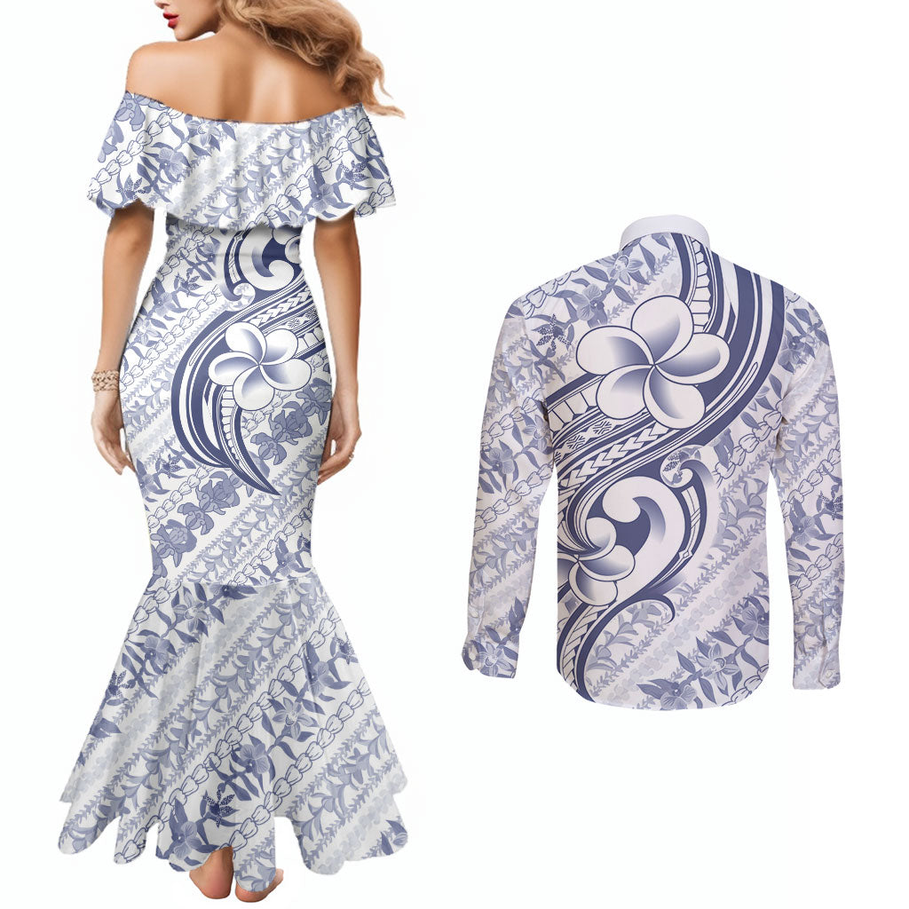 Hawaii Plumeria Lokelani Pikake Lei Couples Matching Mermaid Dress and Long Sleeve Button Shirt Navy Blue Polynesian Tattoo LT9 - Polynesian Pride