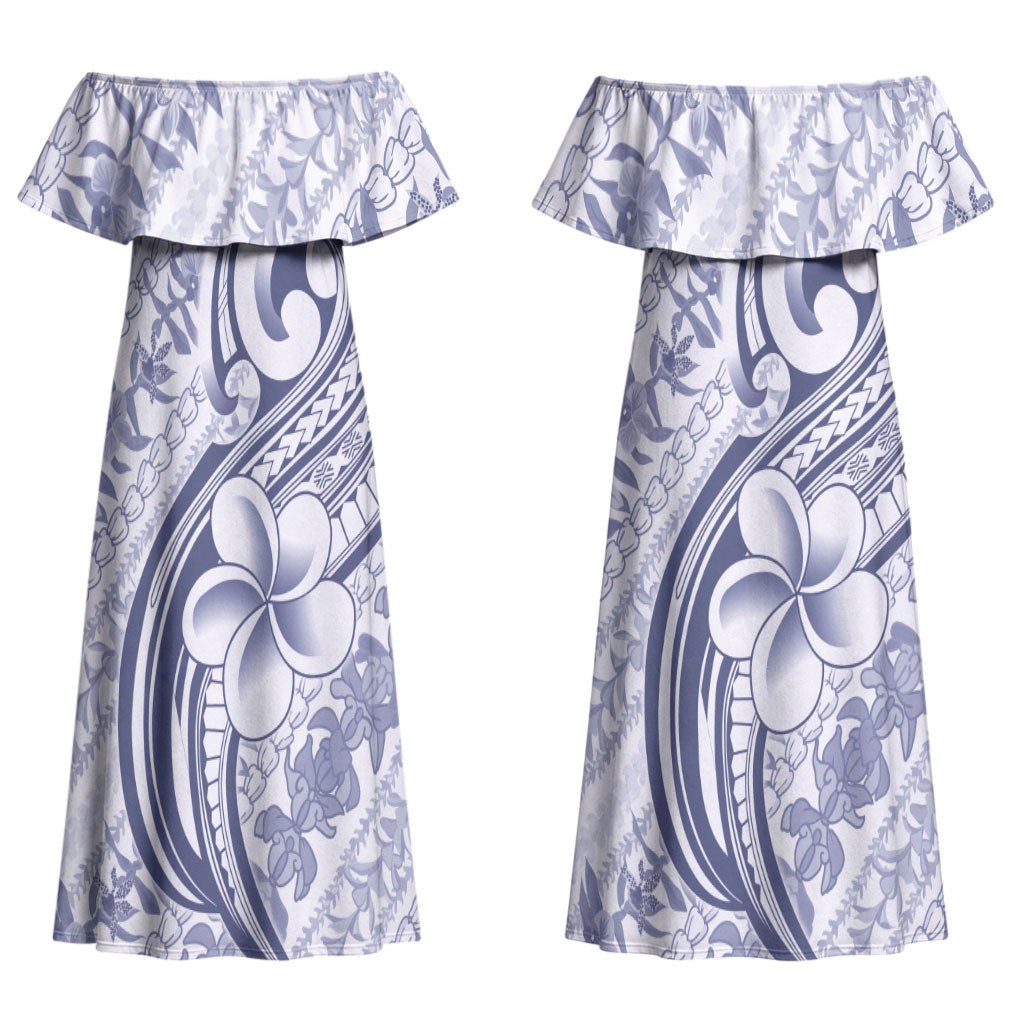Hawaii Plumeria Lokelani Pikake Lei Couples Matching Off Shoulder Maxi Dress and Long Sleeve Button Shirt Navy Blue Polynesian Tattoo LT9 - Polynesian Pride
