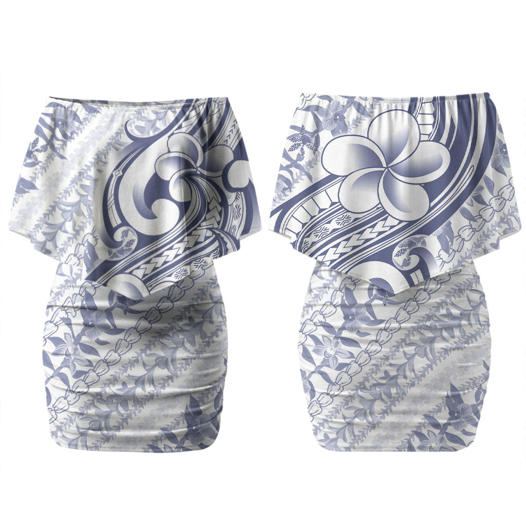 Hawaii Plumeria Lokelani Pikake Lei Couples Matching Off Shoulder Short Dress and Long Sleeve Button Shirt Navy Blue Polynesian Tattoo LT9 - Polynesian Pride