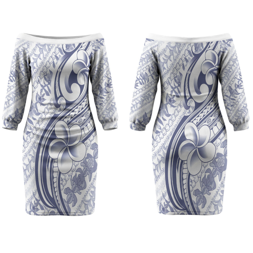 Hawaii Plumeria Lokelani Pikake Lei Couples Matching Off The Shoulder Long Sleeve Dress and Hawaiian Shirt Navy Blue Polynesian Tattoo LT9 - Polynesian Pride