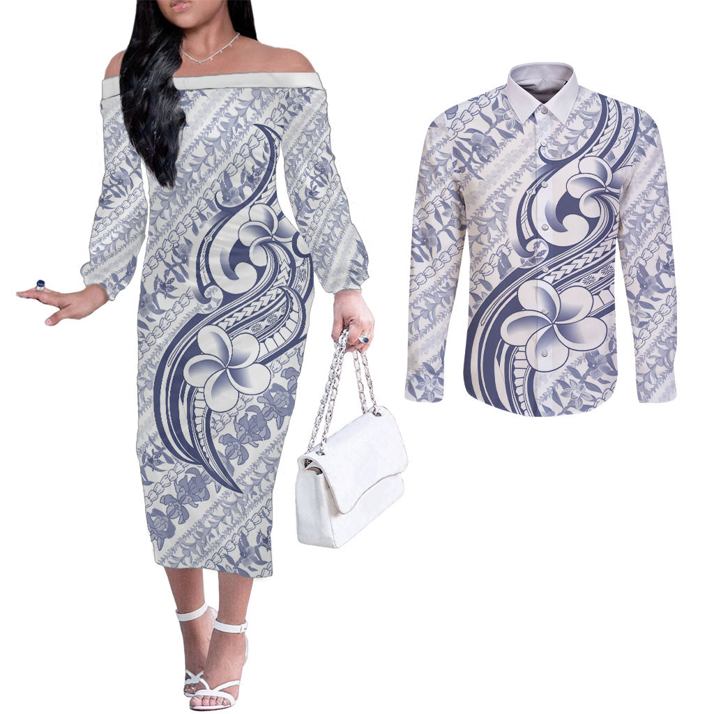 Hawaii Plumeria Lokelani Pikake Lei Couples Matching Off The Shoulder Long Sleeve Dress and Long Sleeve Button Shirt Navy Blue Polynesian Tattoo LT9 Navy Blue - Polynesian Pride