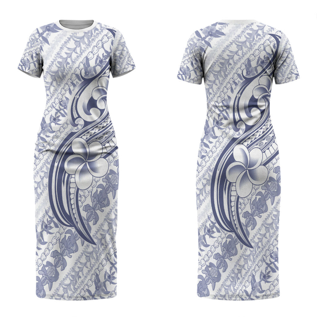 Hawaii Plumeria Lokelani Pikake Lei Couples Matching Short Sleeve Bodycon Dress and Hawaiian Shirt Navy Blue Polynesian Tattoo LT9 - Polynesian Pride