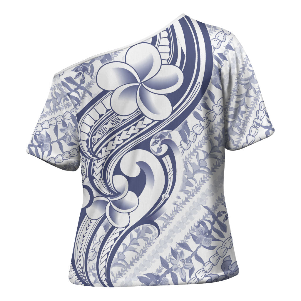 Hawaii Plumeria Lokelani Pikake Lei Cross Shoulder Shirt Navy Blue Polynesian Tattoo