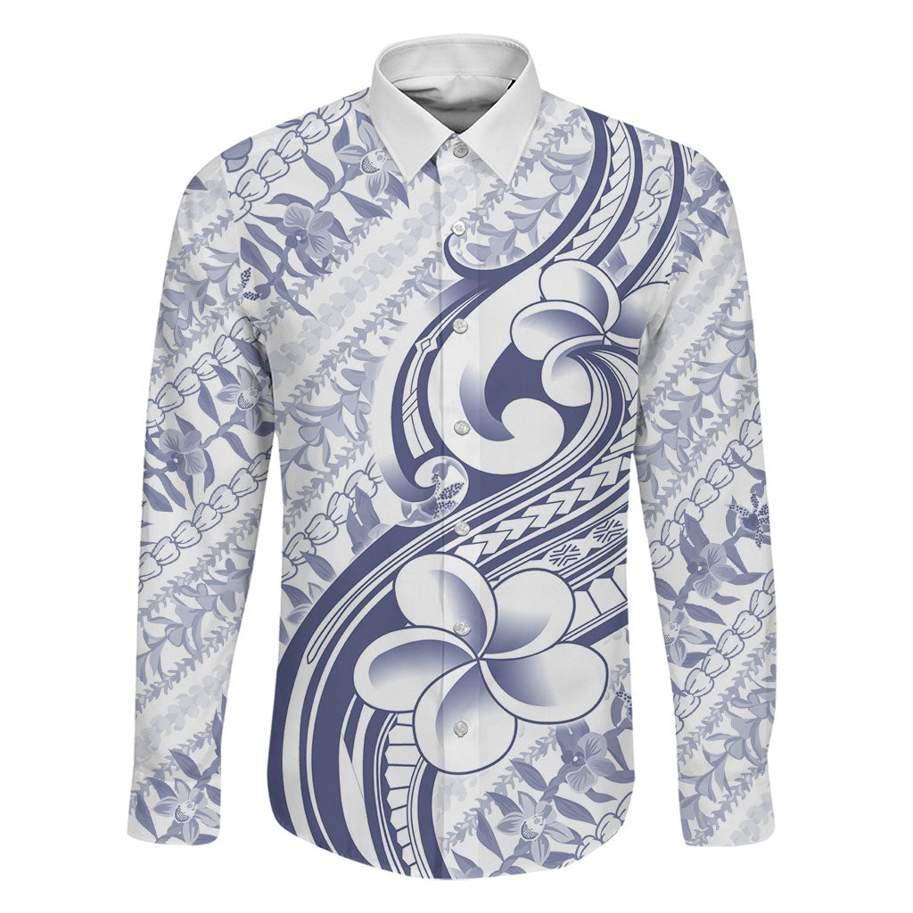 Hawaii Plumeria Lokelani Pikake Lei Family Matching Long Sleeve Bodycon Dress and Hawaiian Shirt Navy Blue Polynesian Tattoo LT9 Dad's Shirt - Long Sleeve Navy Blue - Polynesian Pride