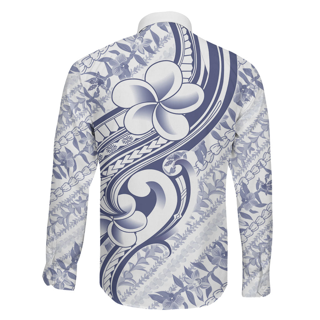 Hawaii Plumeria Lokelani Pikake Lei Family Matching Off The Shoulder Long Sleeve Dress and Hawaiian Shirt Navy Blue Polynesian Tattoo LT9 - Polynesian Pride