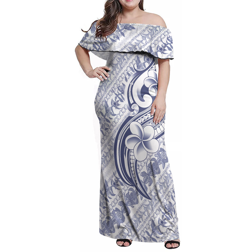 Hawaii Plumeria Lokelani Pikake Lei Family Matching Off Shoulder Maxi Dress and Hawaiian Shirt Navy Blue Polynesian Tattoo LT9 Mom's Dress Navy Blue - Polynesian Pride