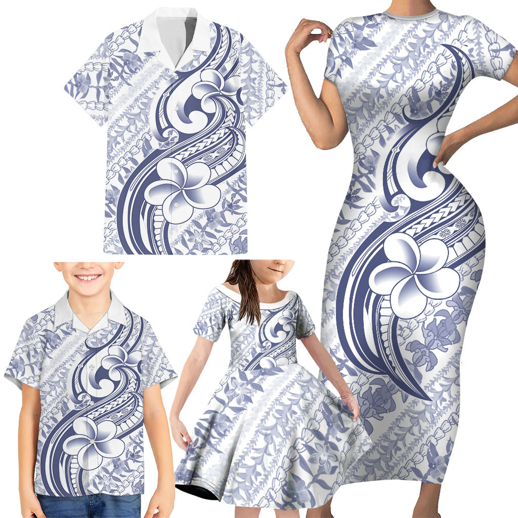 Hawaii Plumeria Lokelani Pikake Lei Family Matching Short Sleeve Bodycon Dress and Hawaiian Shirt Navy Blue Polynesian Tattoo