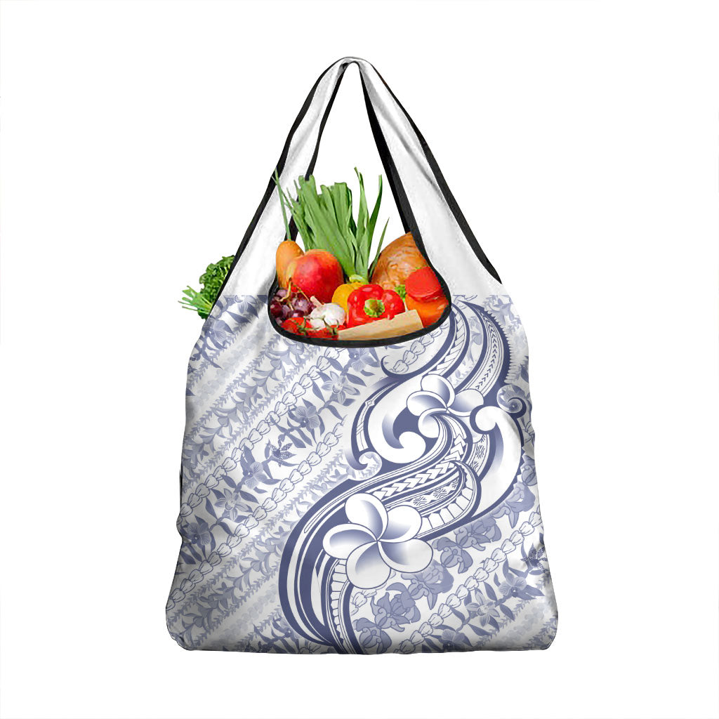 Hawaii Plumeria Lokelani Pikake Lei Grocery Bag Navy Blue Polynesian Tattoo