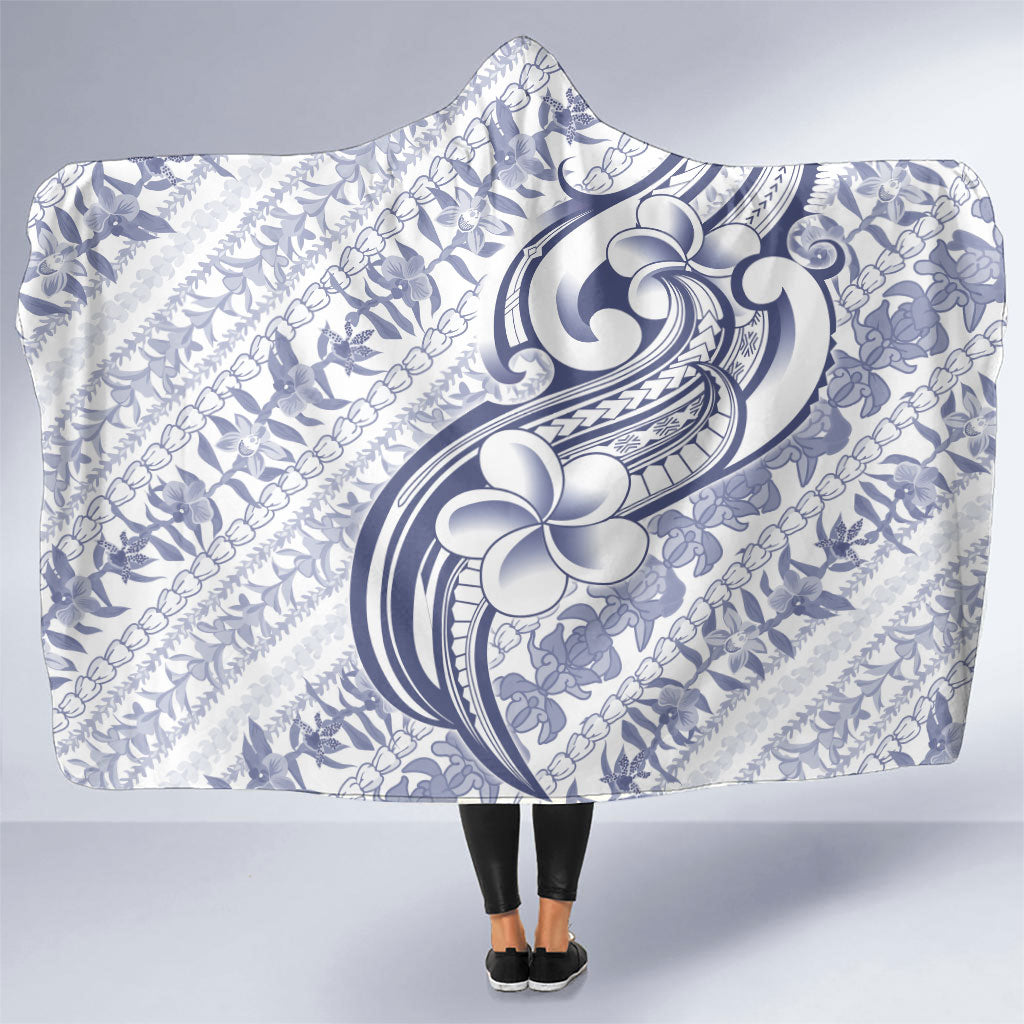 Hawaii Plumeria Lokelani Pikake Lei Hooded Blanket Navy Blue Polynesian Tattoo