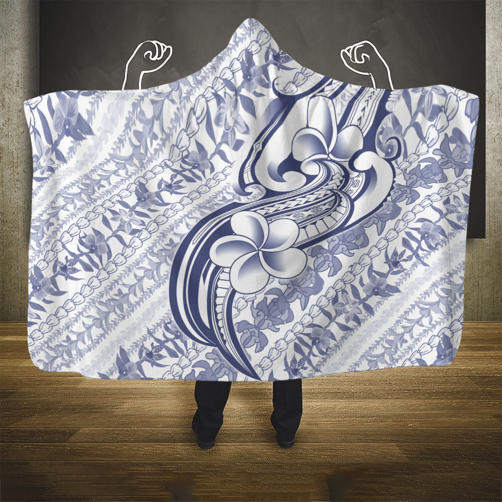 Hawaii Plumeria Lokelani Pikake Lei Hooded Blanket Navy Blue Polynesian Tattoo